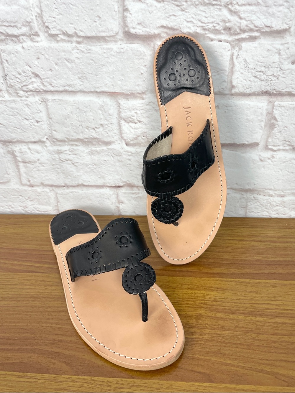 Jack Rogers Black Leather Signature Flat Sandals Size 11